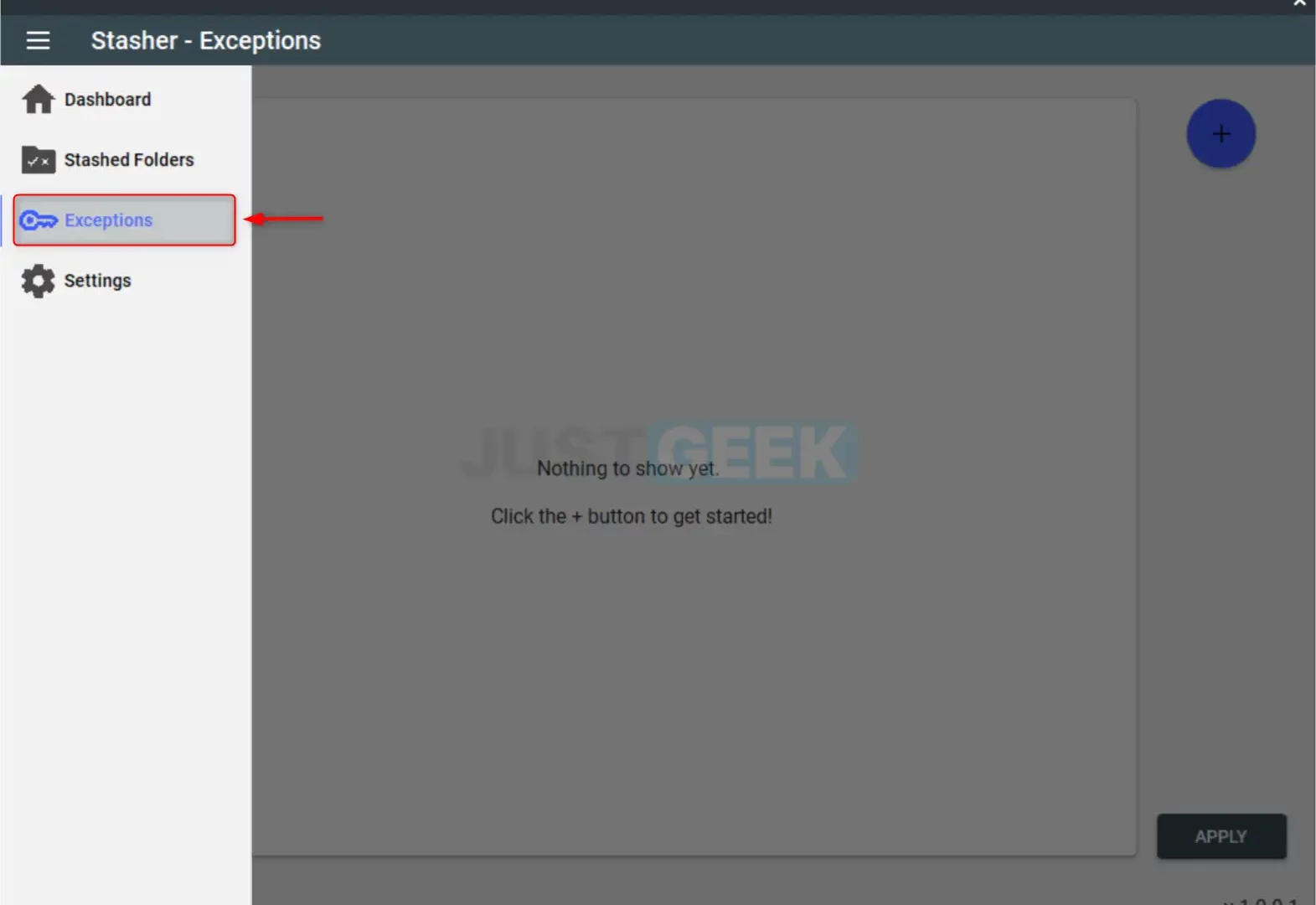 Vue de la section 'Exceptions' dans Stasher, avec un curseur sur le bouton '+' pour ajouter un fichier exécutable.
