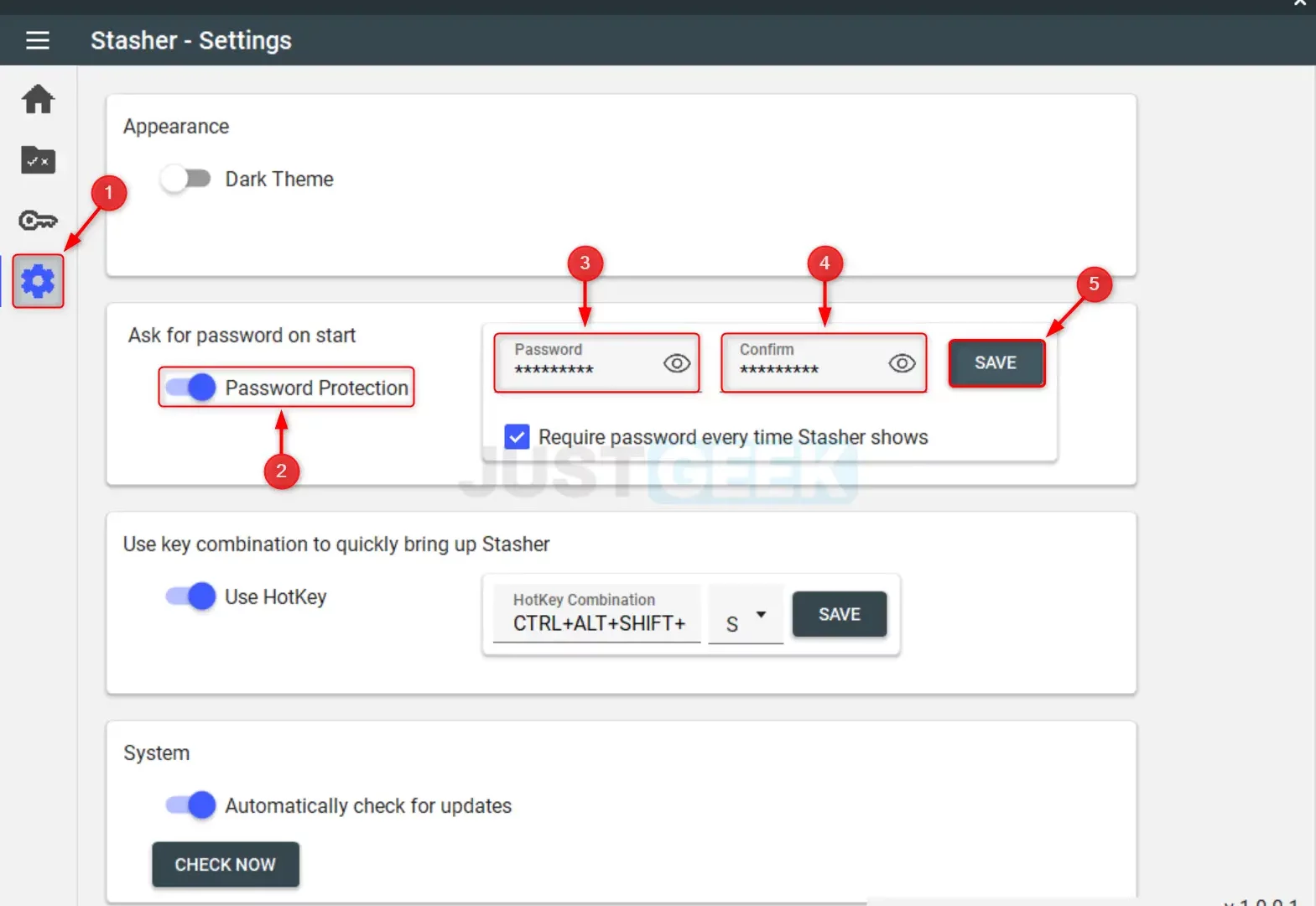 Menu 'Settings' de Stasher affichant l'option pour configurer un mot de passe afin de sécuriser l'accès au logiciel.