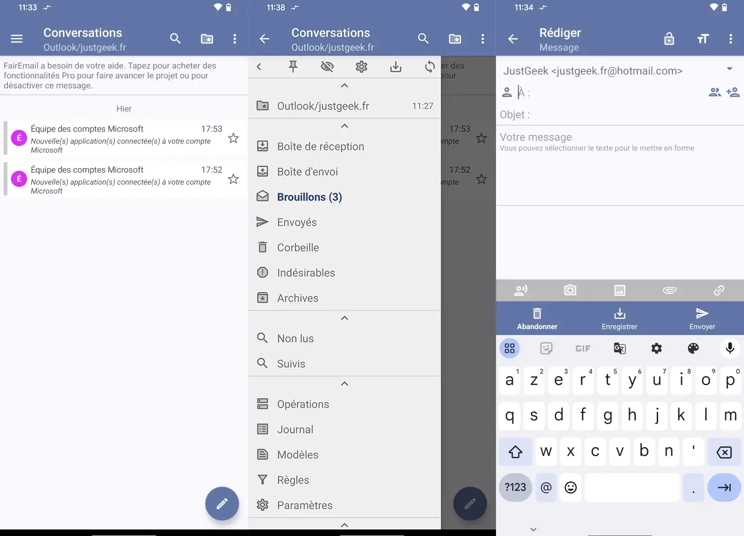 Capture d'écran de l'application FairEmail