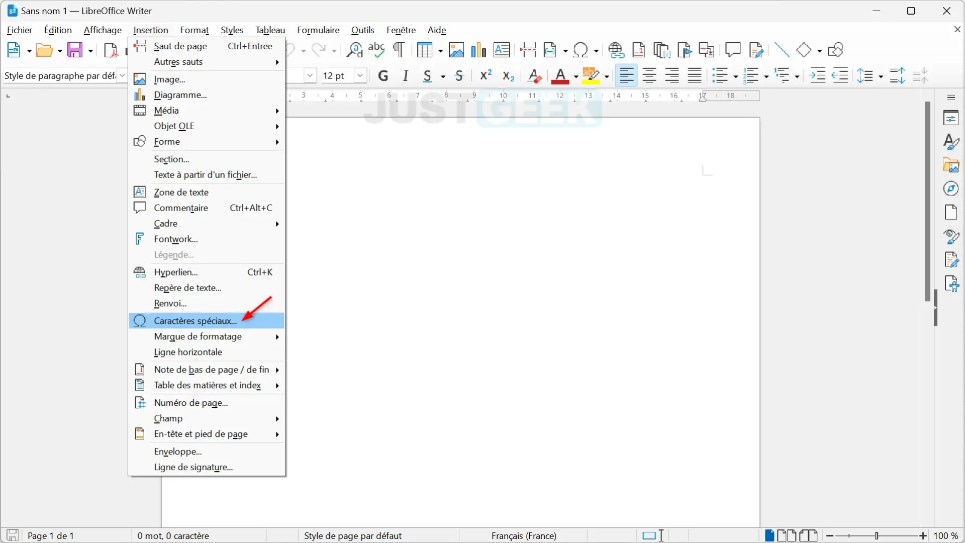 Insérer des caractères spéciaux dans LibreOffice Writer