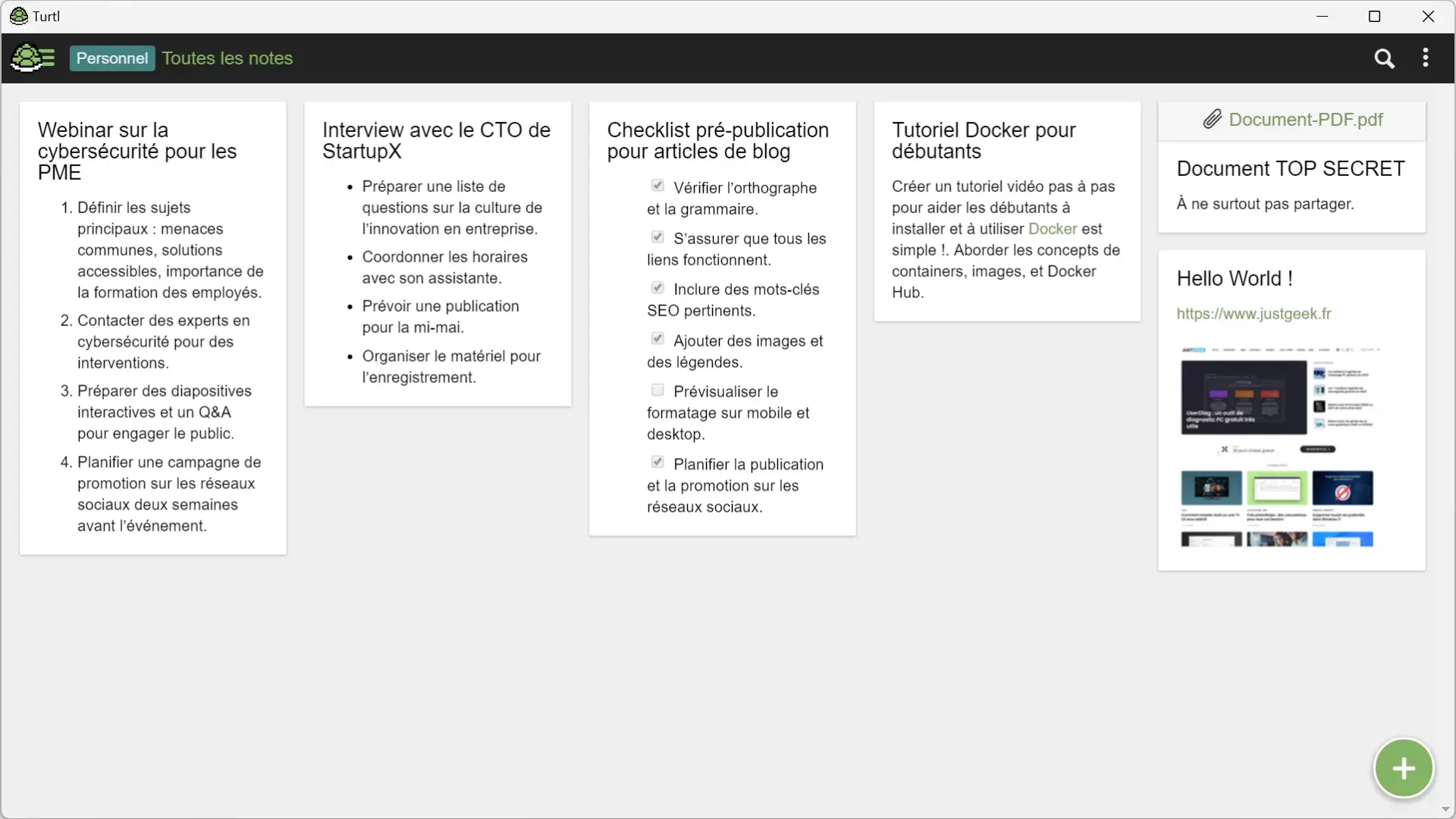 Interface du logiciel de prise de notes Turtl