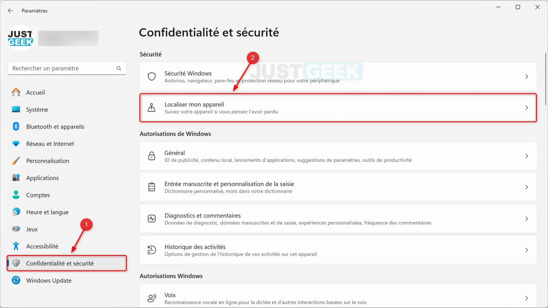 Sélection de l'option 'Confidentialité et sécurité', puis 'Localiser mon appareil' dans les paramètres de Windows 11.