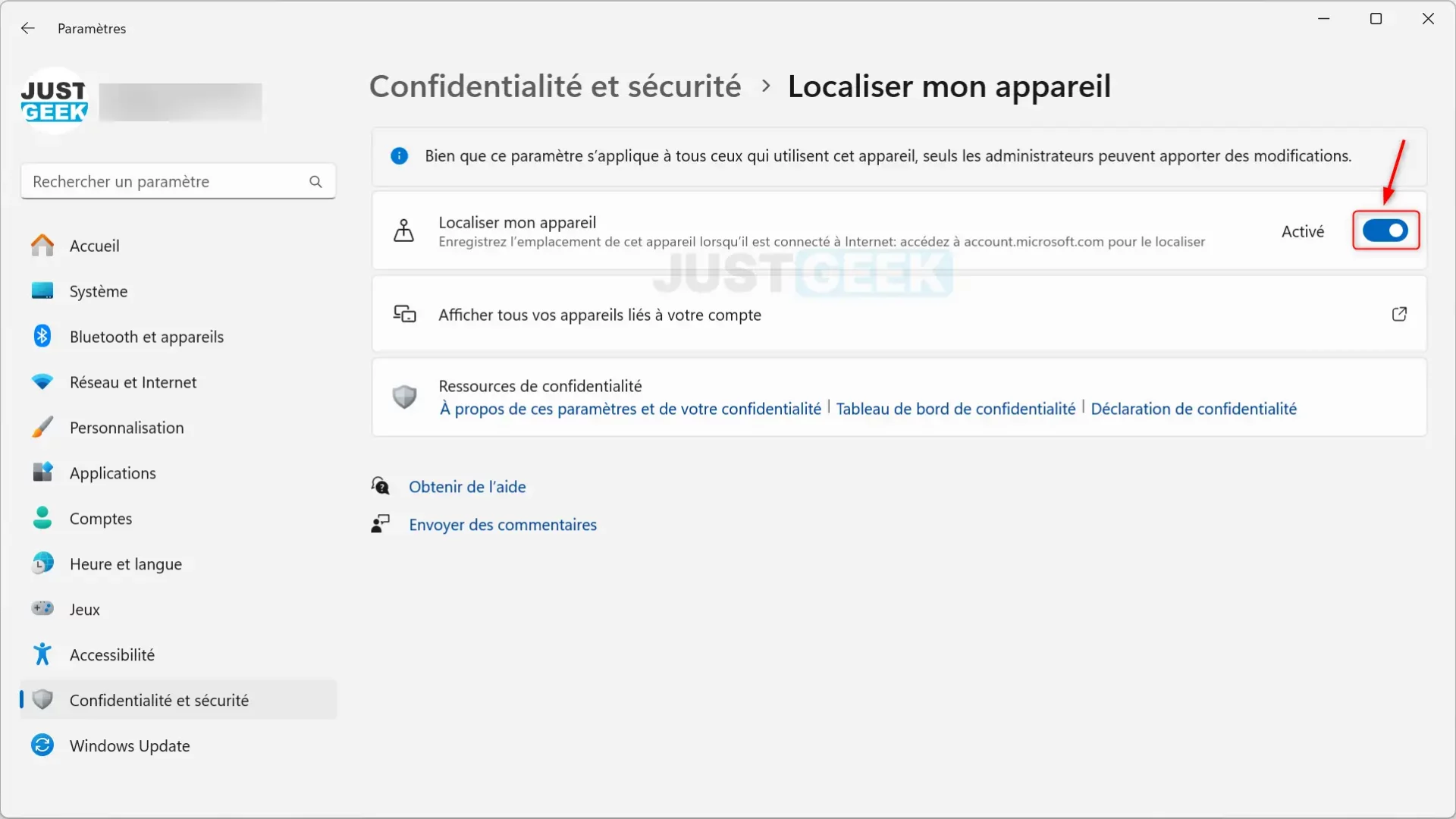 Activation de la fonction 'Localiser mon appareil' dans Windows 11.