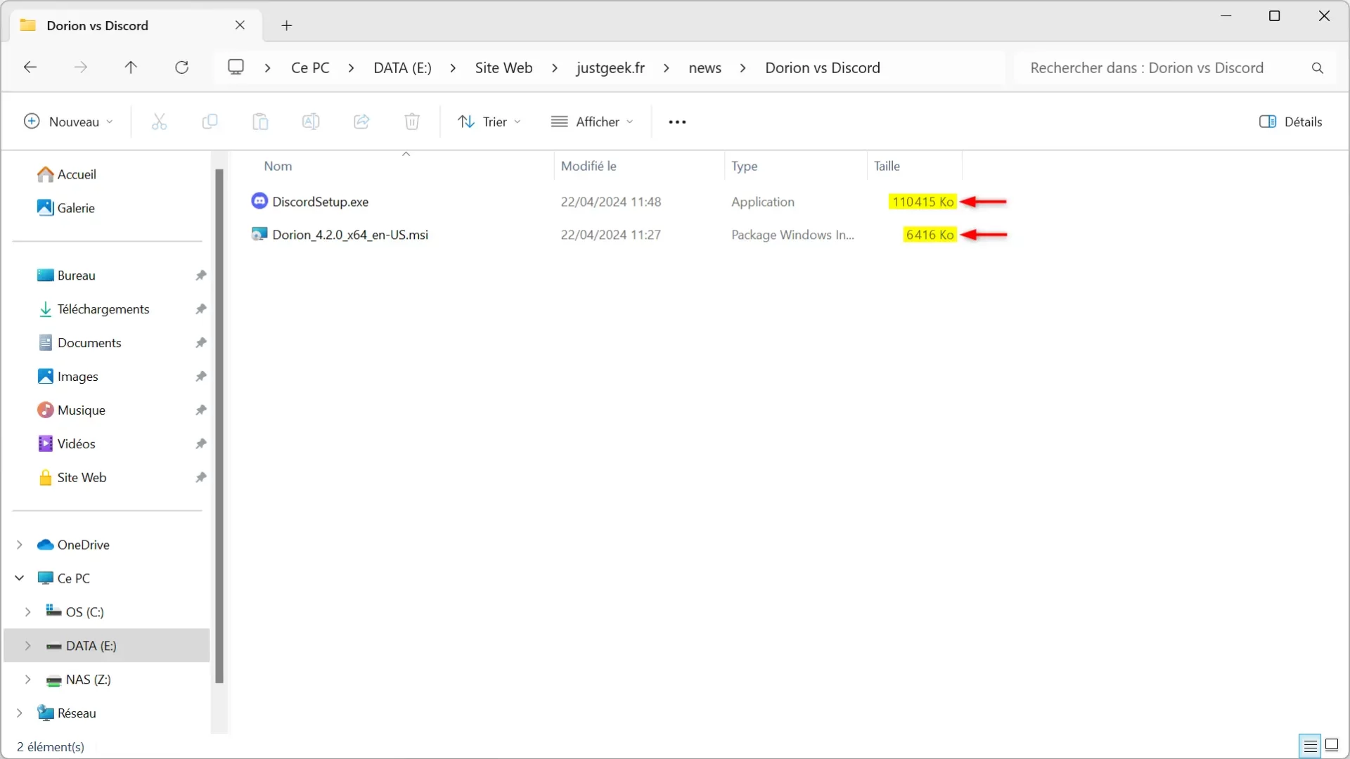 Comparatif de la taille des fichiers d'installation de Discord et Dorion