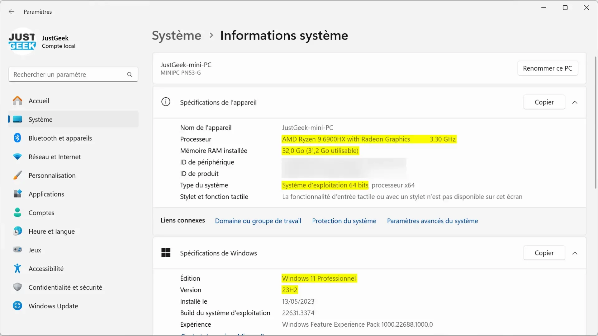 Spécifications de l'appareil sur Windows