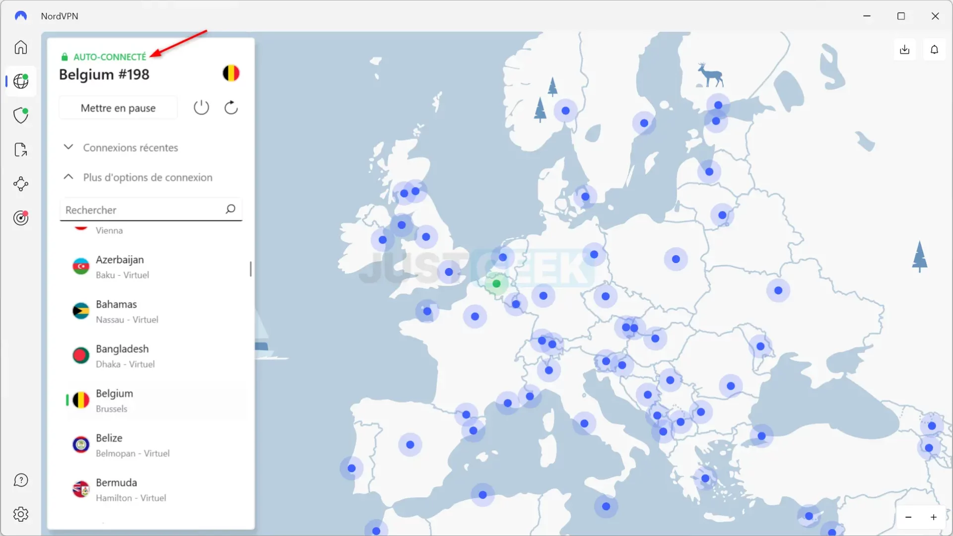 Connexion réussie au serveur VPN de Belgique avec NordVPN