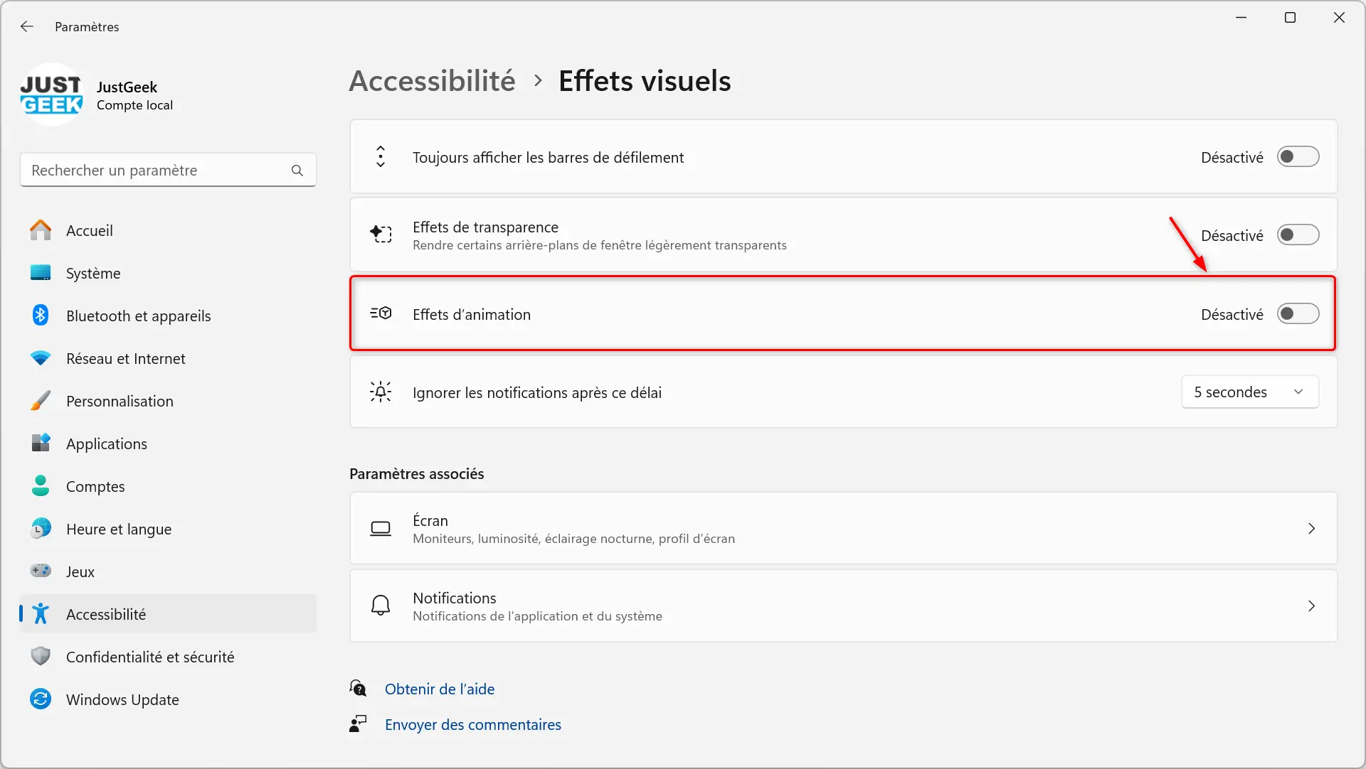 Désactiver les effets d'animation sur Windows 11