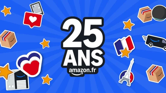 Visuel officiel des 25 ans d’Amazon.fr avec des icônes tricolores et le logo Amazon au centre