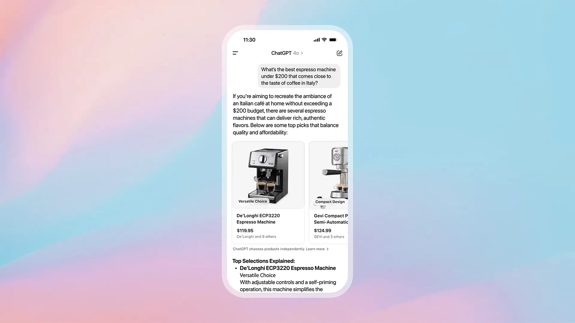Interface mobile de ChatGPT affichant des recommandations de machines à espresso à moins de 200 dollars, avec prix, visuels et descriptions.