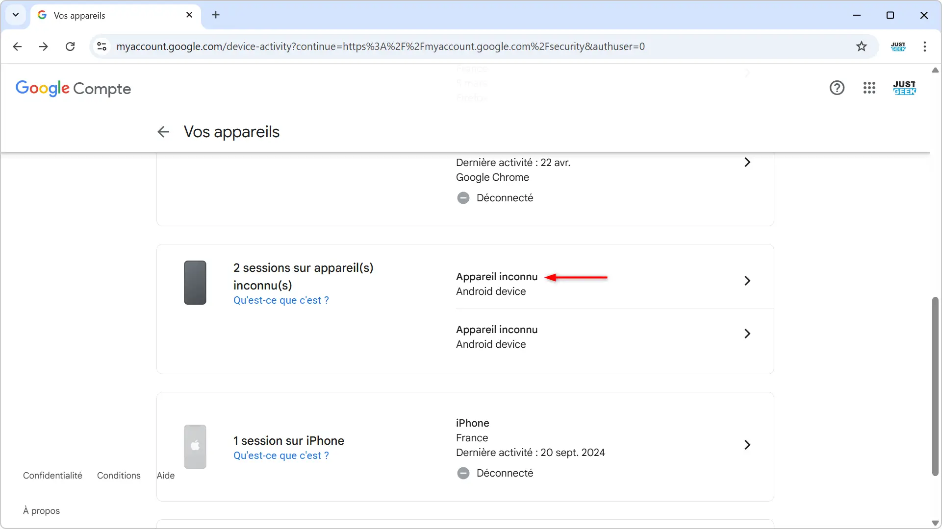 Détail d’un appareil inconnu connecté à un compte Google
