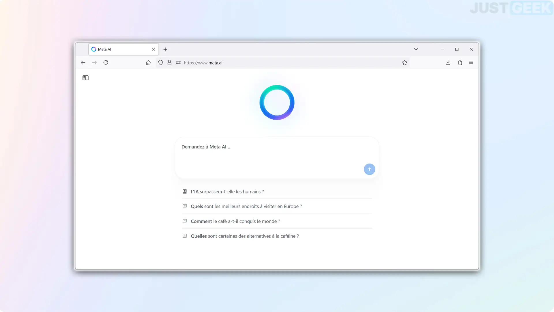 Capture d’écran de la version web de Meta AI en français avec des suggestions de questions affichées