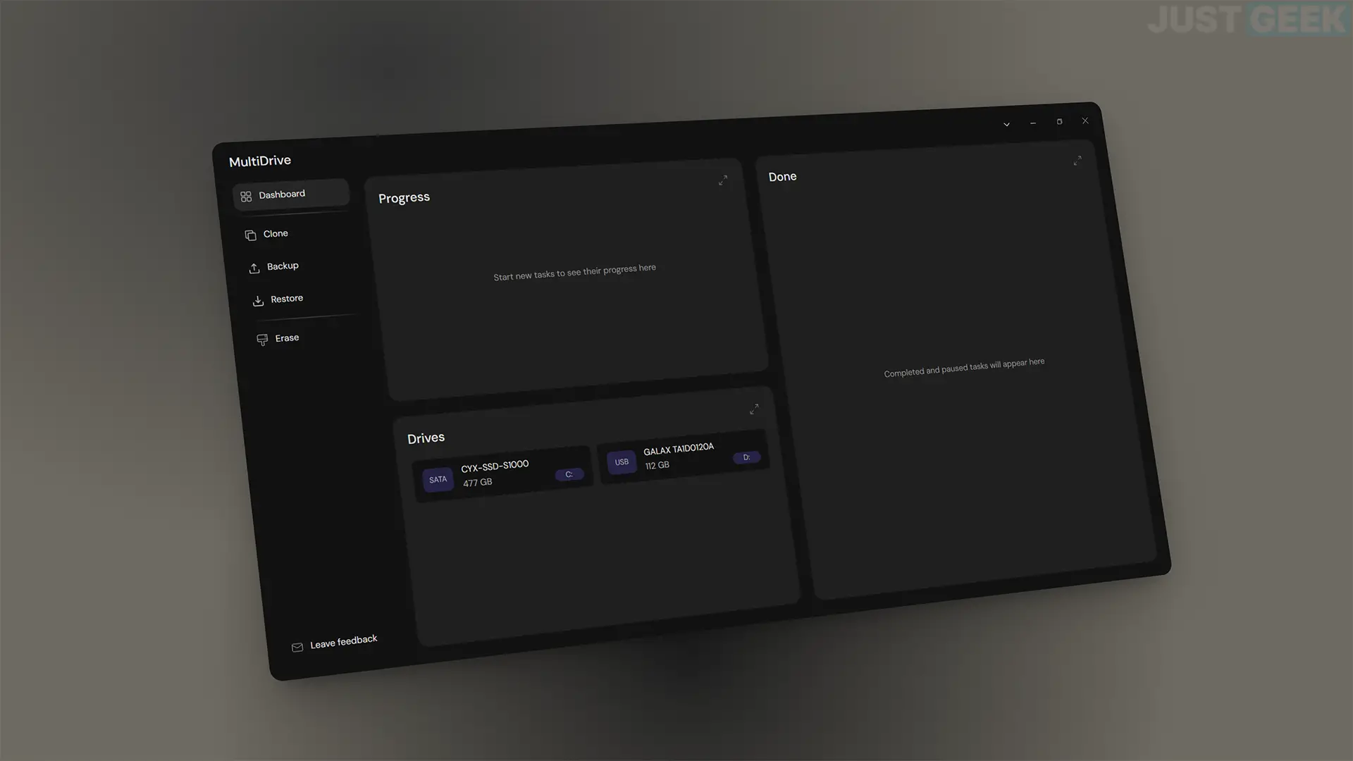 Interface principale de MultiDrive, outil gratuit pour cloner, sauvegarder, restaurer ou effacer un disque sous Windows