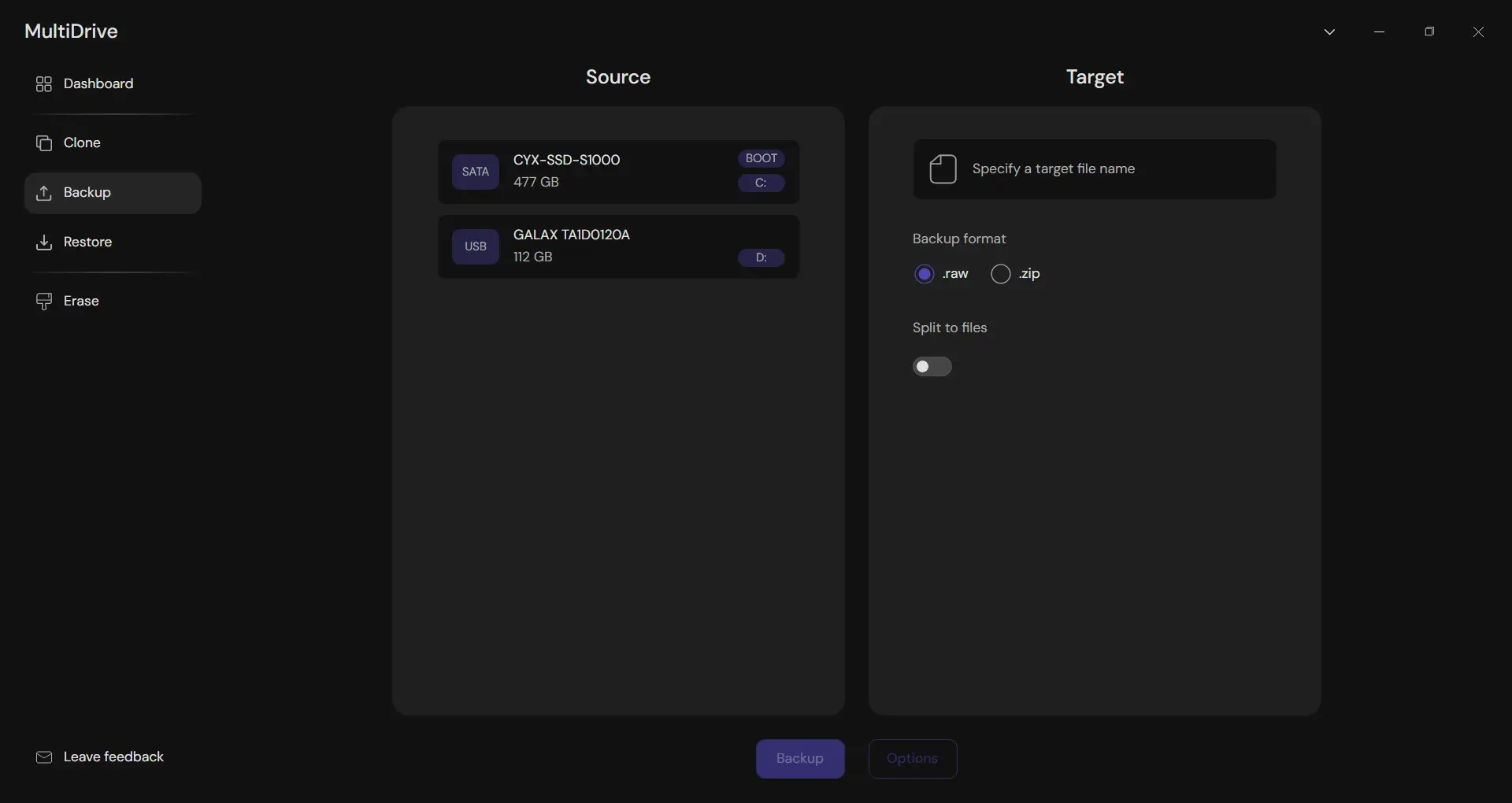 Interface de sauvegarde de disque dans MultiDrive avec sélection du format RAW ou ZIP