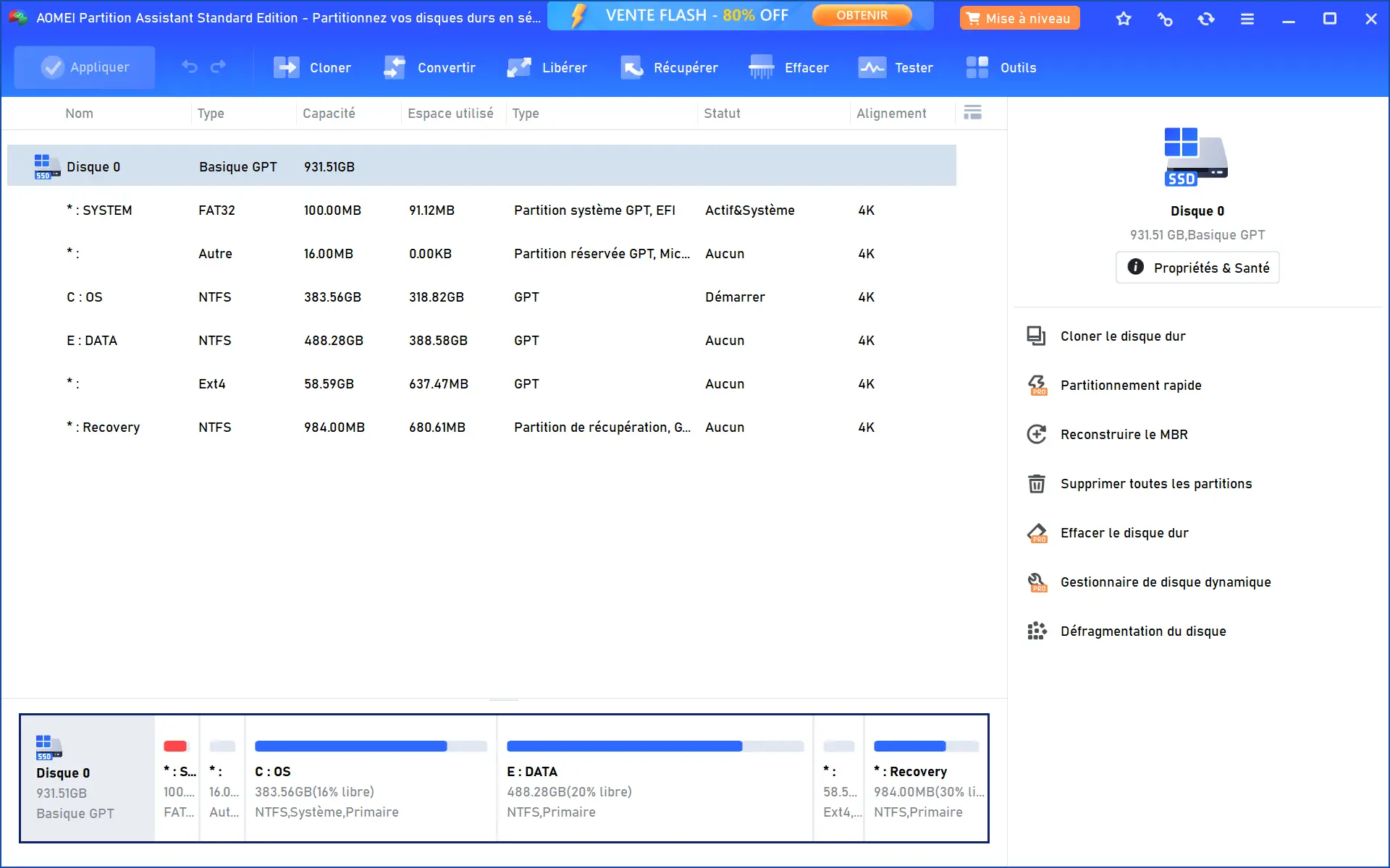 Capture de l’interface principale d’AOMEI Partition Assistant Standard montrant les partitions d’un disque et les outils disponibles