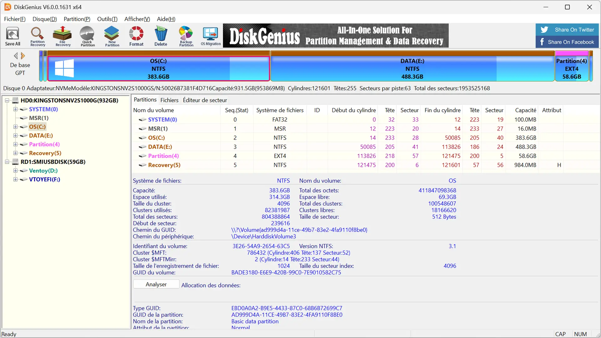 Capture de l’interface de DiskGenius Free avec les informations détaillées sur les partitions et le volume sélectionné