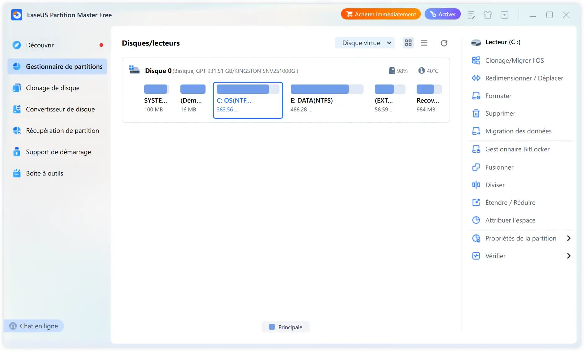 Capture de l’interface d’EaseUS Partition Master Free avec les partitions listées et les options d’action à droite
