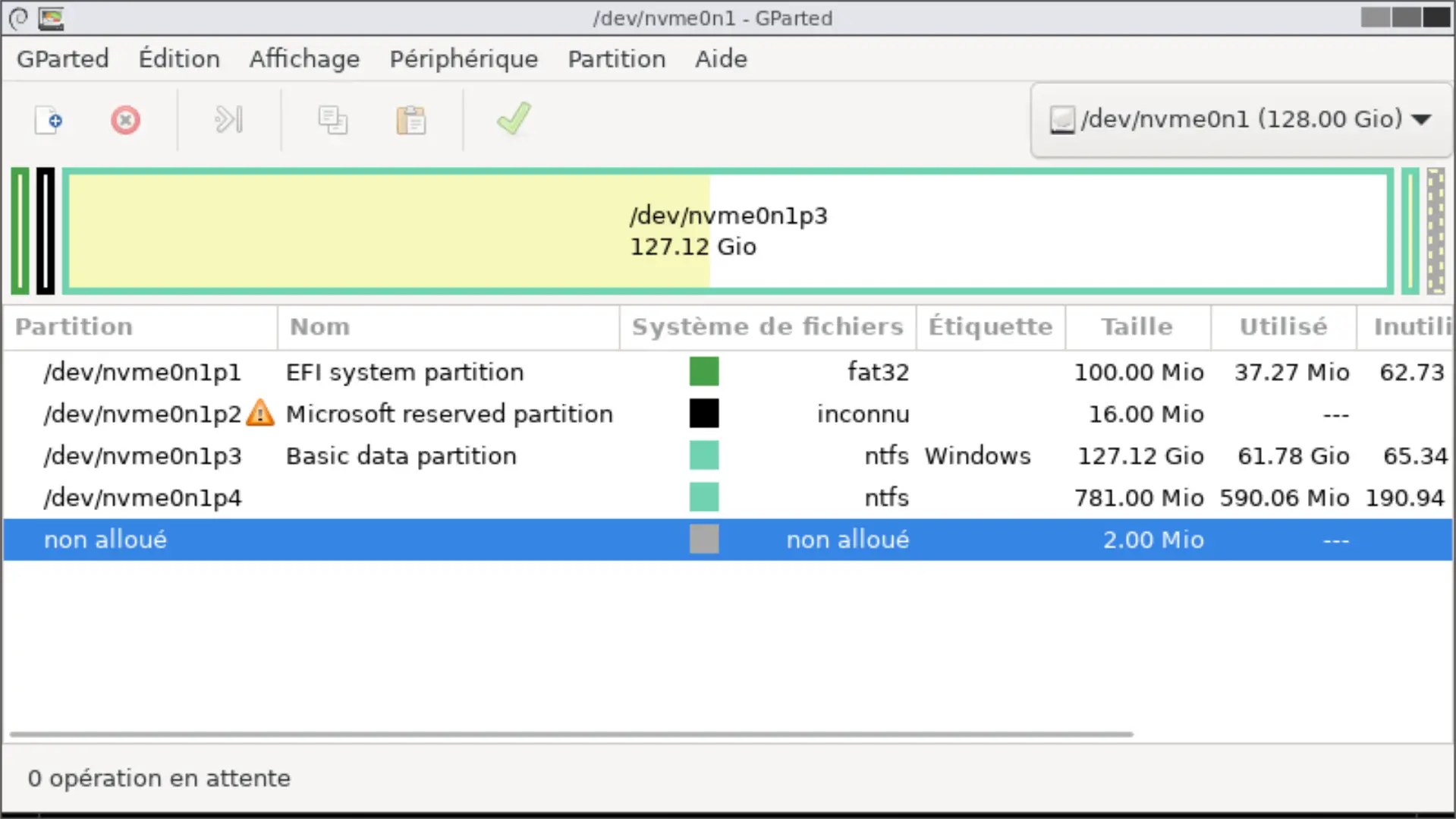 Capture de GParted affichant les partitions d’un disque sous Linux avec les types de fichiers et les tailles