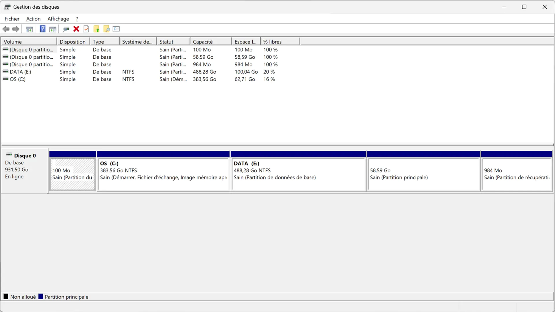 Capture de la gestion des disques sous Windows affichant les partitions existantes sur le disque