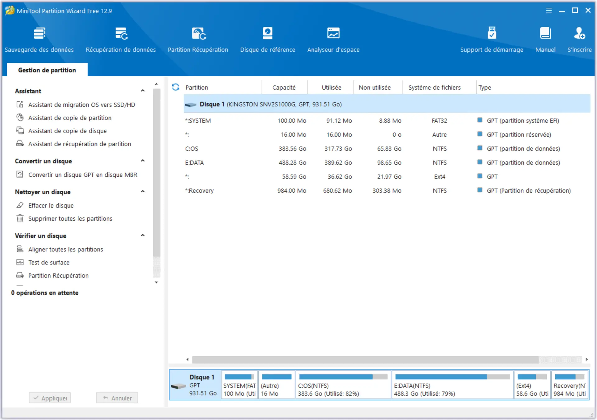 Capture de MiniTool Partition Wizard Free avec les partitions GPT listées et les options d’action à gauche