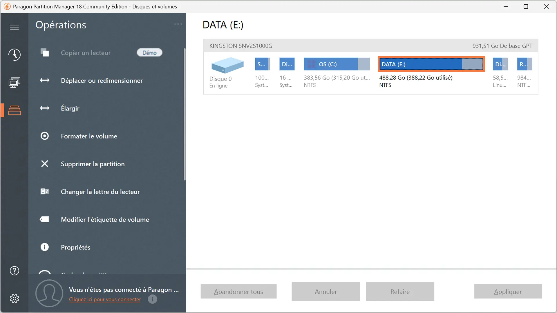 Capture de Paragon Partition Manager Community Edition affichant les volumes d’un disque et les options de gestion à gauche