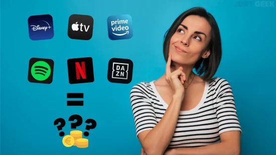 Femme pensive entourée de logos de services comme Netflix, Spotify ou Prime Video, symbolisant le coût mensuel des abonnements numériques en 2025