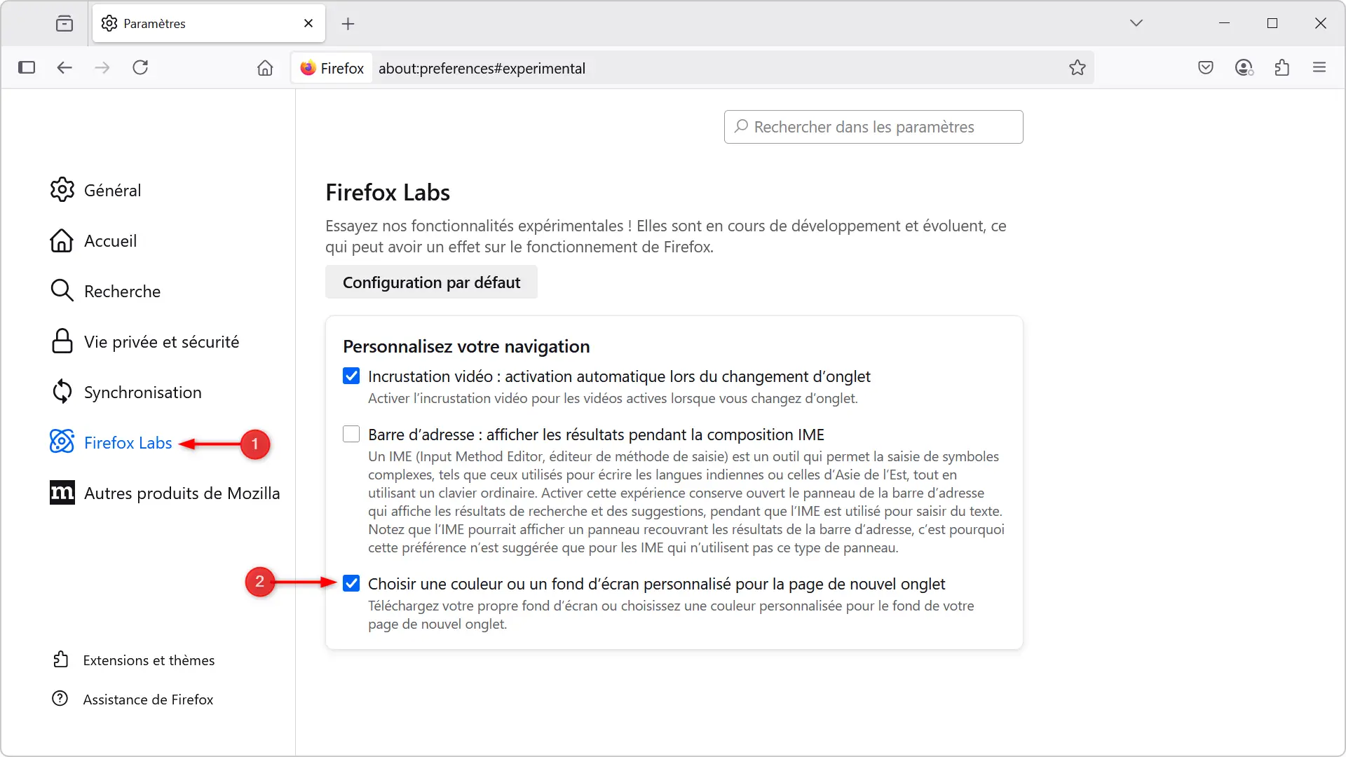 Activation de l’option de fond d’écran personnalisé dans Firefox Labs