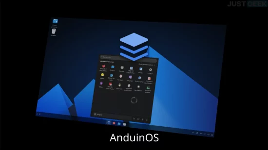 Capture d’écran du bureau AnduinOS avec le menu des applications GNOME ouvert et le logo en arrière-plan