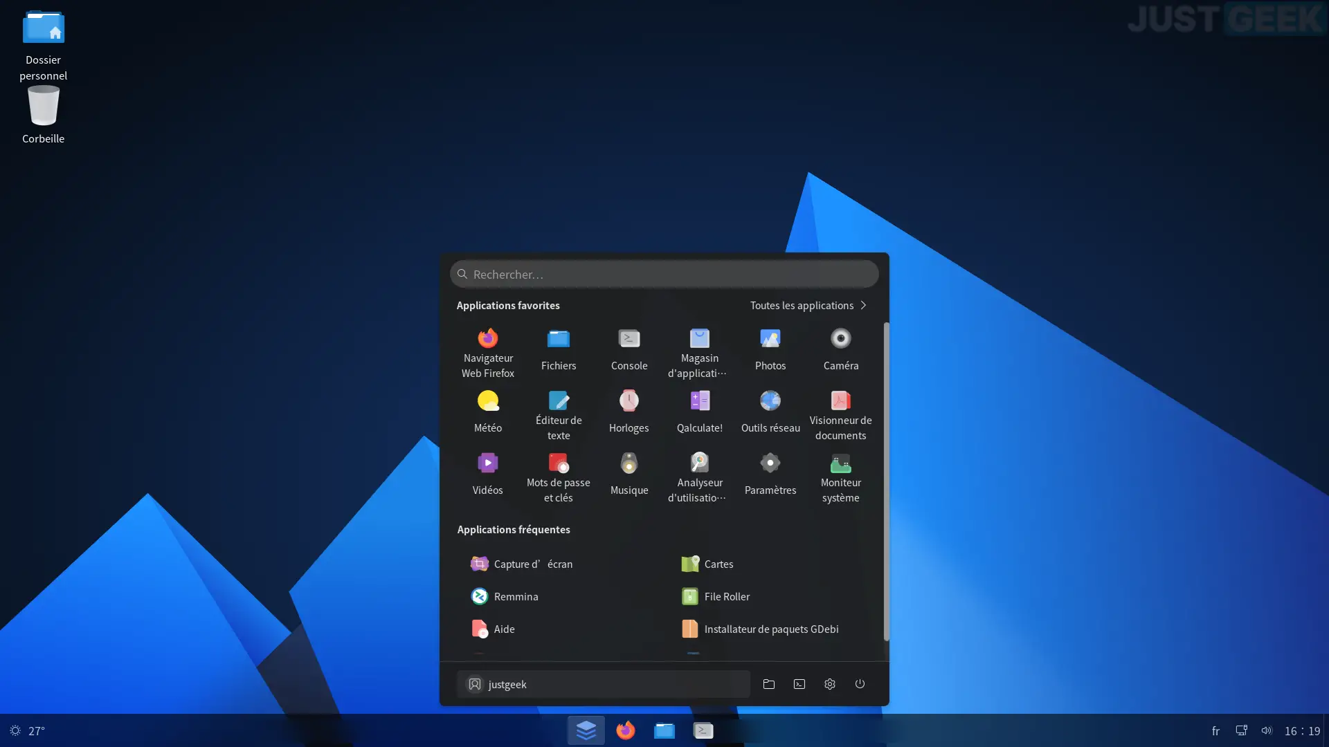 Menu Démarrer d'AnduinOS affichant les applications installées – interface proche de Windows 11 sur une distribution Linux basée sur Debian