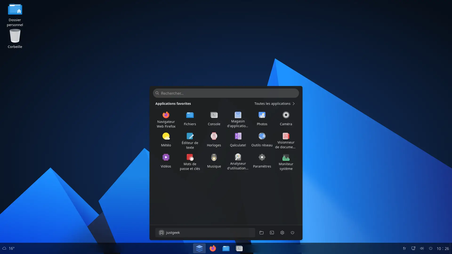 Interface d’AnduinOS avec le menu des applications GNOME ouvert, affichant les logiciels installés par défaut