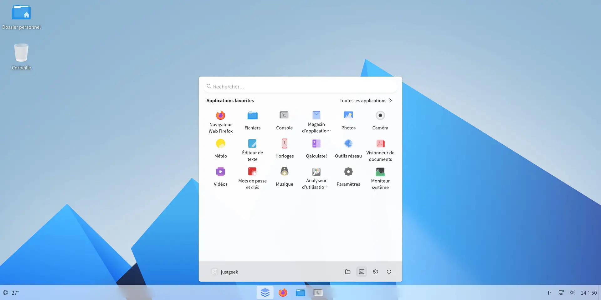 Interface d’AnduinOS en mode clair avec le menu Démarrer ouvert