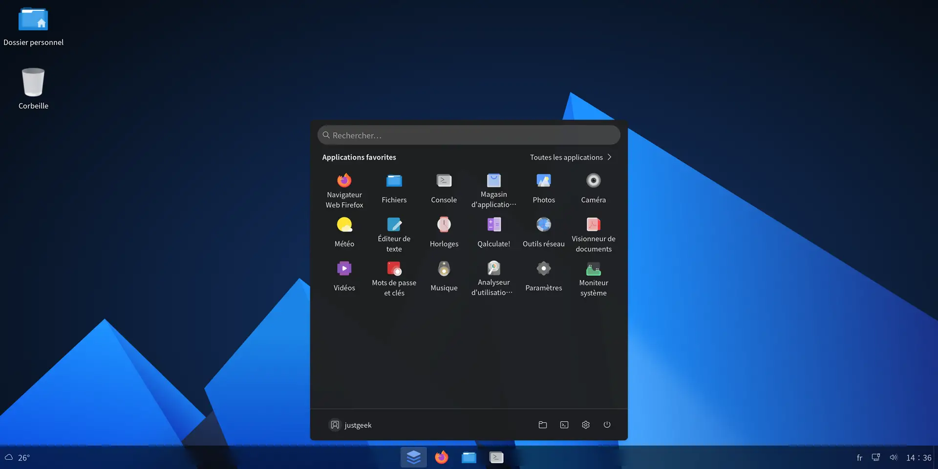 Interface d’AnduinOS en mode sombre avec le menu Démarrer ouvert