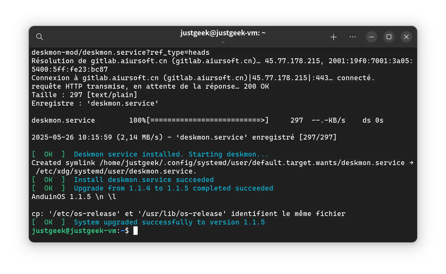 Installation réussie du service deskmon et mise à jour d’AnduinOS vers la version 1.1.5
