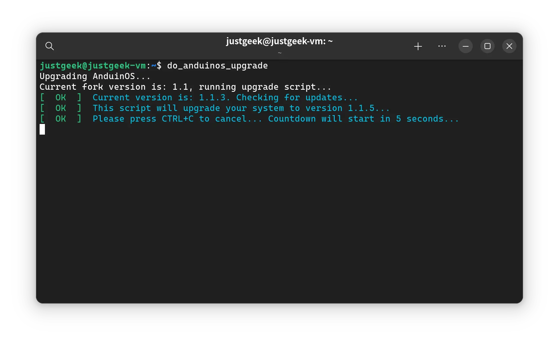 Terminal affichant le script do_anduinos_upgrade pour passer d’AnduinOS 1.1.3 à 1.1.5