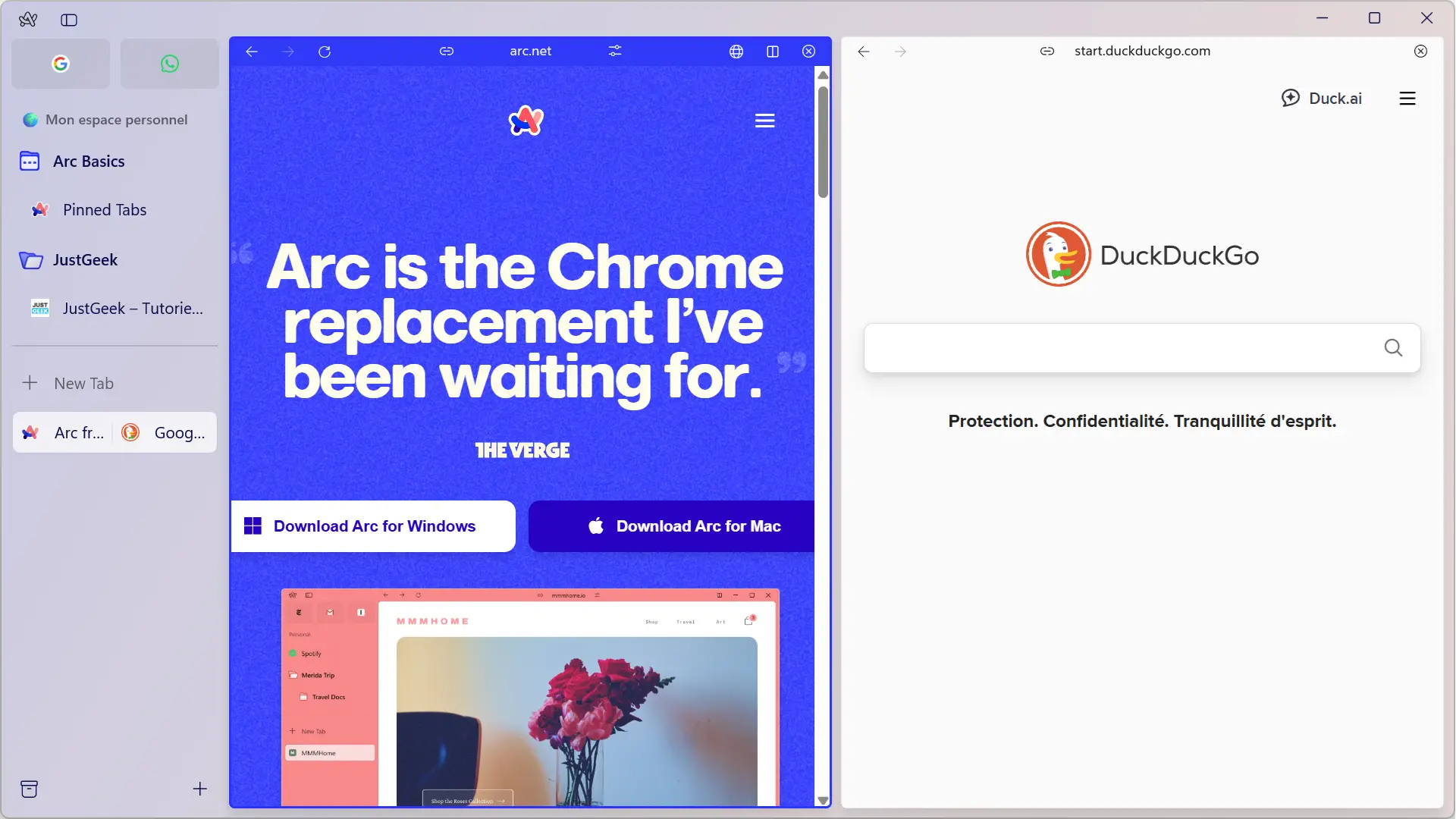 Interface du navigateur Arc sur Windows avec la page d’accueil de DuckDuckGo affichée en split view