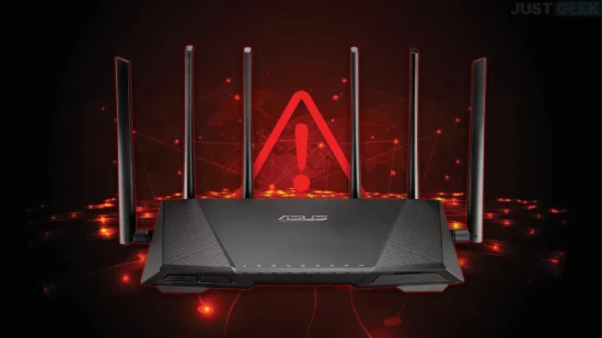 Routeur ASUS avec un symbole d’alerte rouge, illustrant une campagne de piratage massive