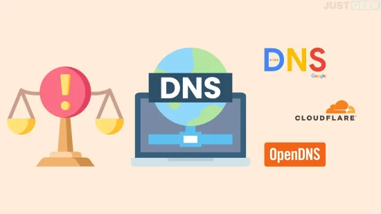 Illustration du blocage DNS imposé par la justice, avec les logos de Google, Cloudflare et OpenDNS.