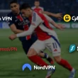 Logos des VPN visés par la décision de justice (Proton VPN, CyberGhost, ExpressVPN, Surfshark, NordVPN) sur fond de match de football