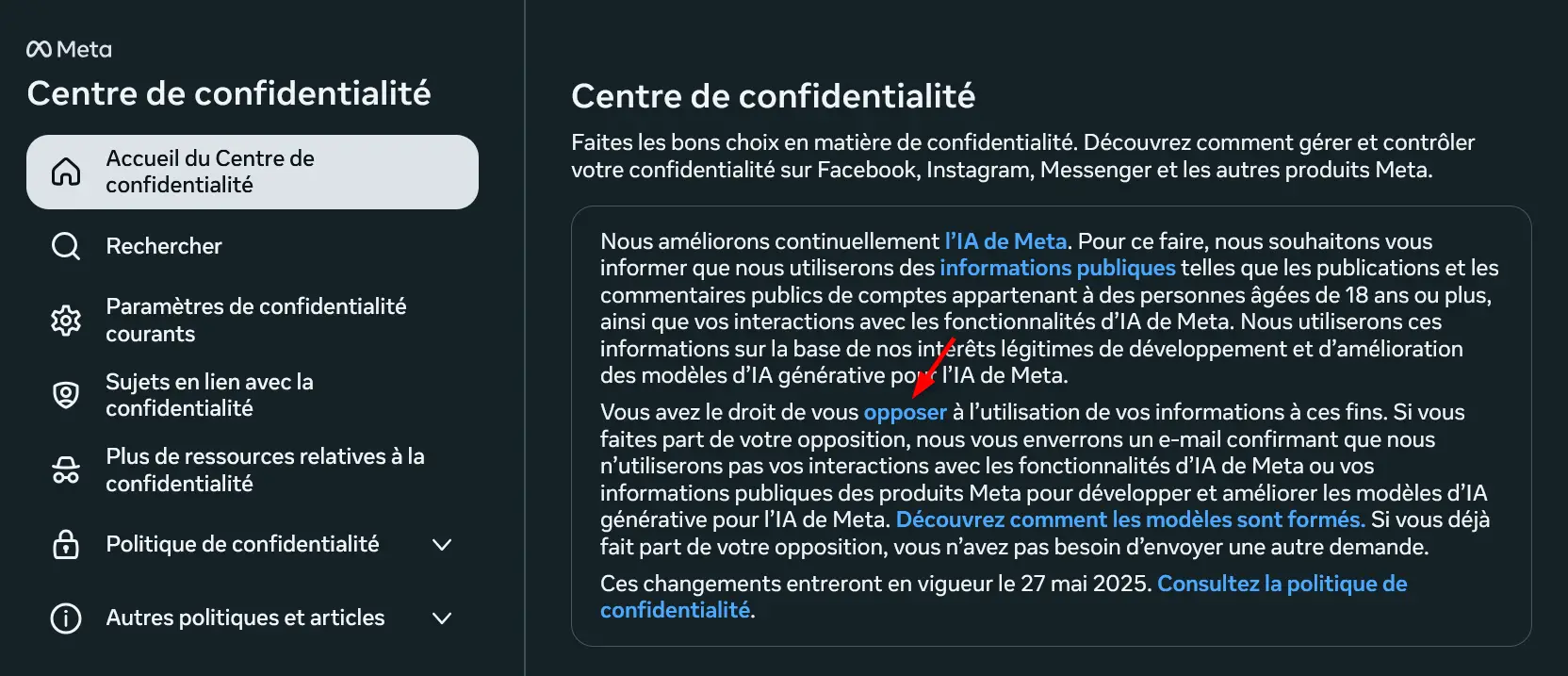 Centre de confidentialité Facebook avec lien pour s’opposer à l’utilisation des données par l’IA de Meta