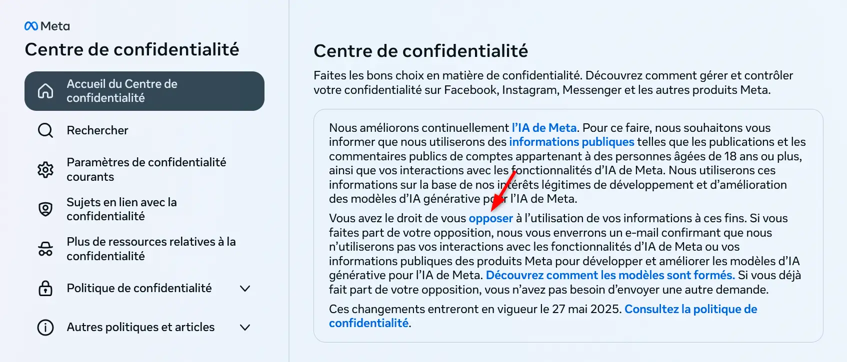 Centre de confidentialité Instagram avec lien pour s’opposer à l’utilisation des données par l’IA de Meta