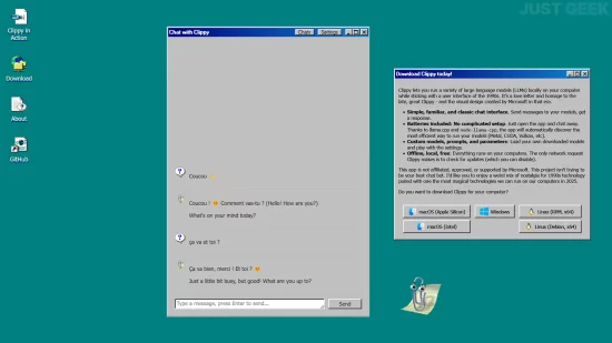Clippy version IA locale en action dans une interface rétro inspirée de Windows 95