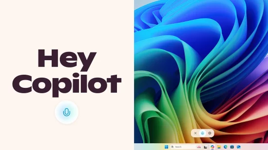 Interface de Windows 11 illustrant l’activation vocale avec la commande « Hey Copilot »