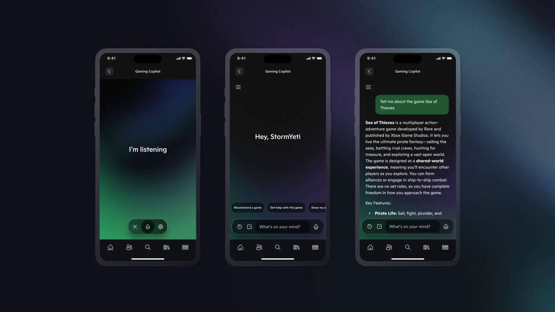 Aperçu de l'interface de Copilot for Gaming dans l'application Xbox sur mobile avec des exemples de requêtes et réponses.