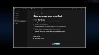 Capture de l’application Darkwrite avec une note d’idées d’articles pour JustGeek