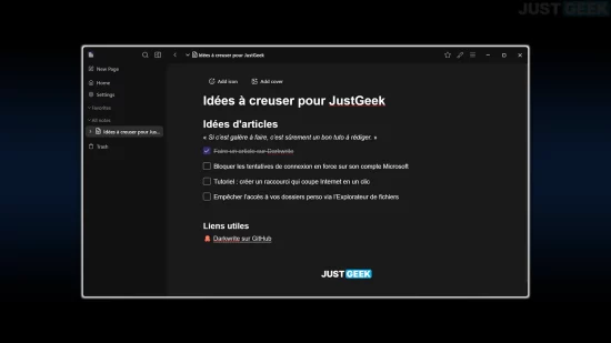 Capture de l’application Darkwrite avec une note d’idées d’articles pour JustGeek