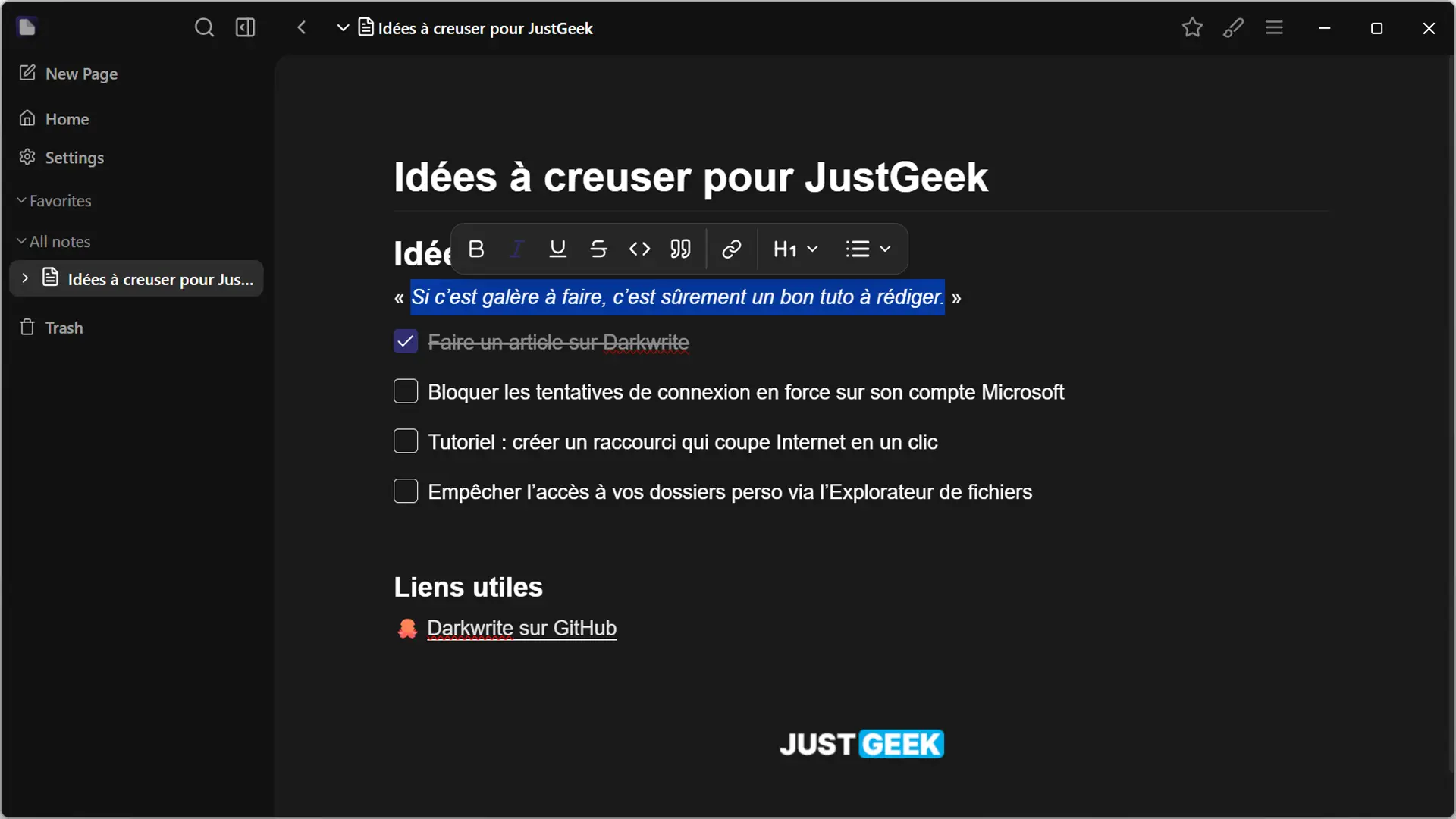 Mise en forme d’un texte dans une note avec le menu de formatage de Darkwrite