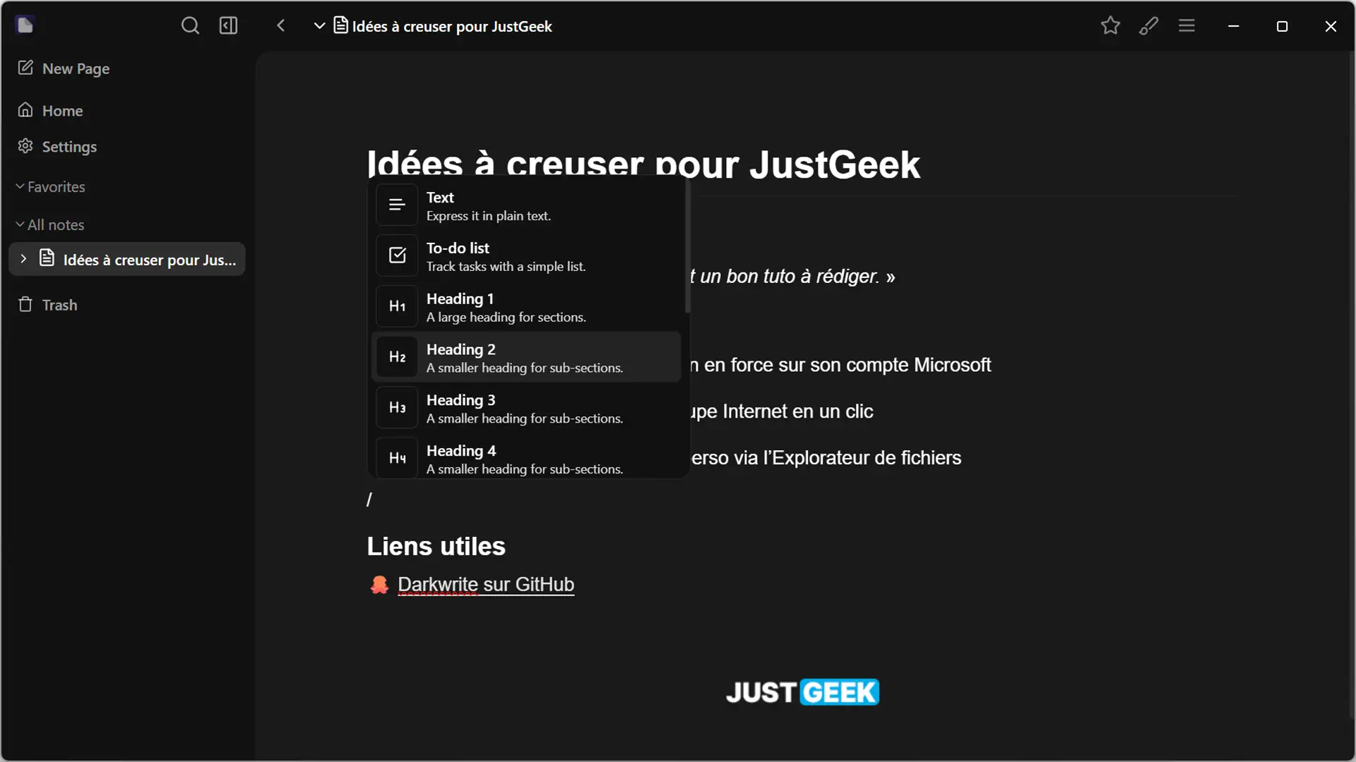 Menu d’insertion des blocs dans Darkwrite après avoir tapé « / »