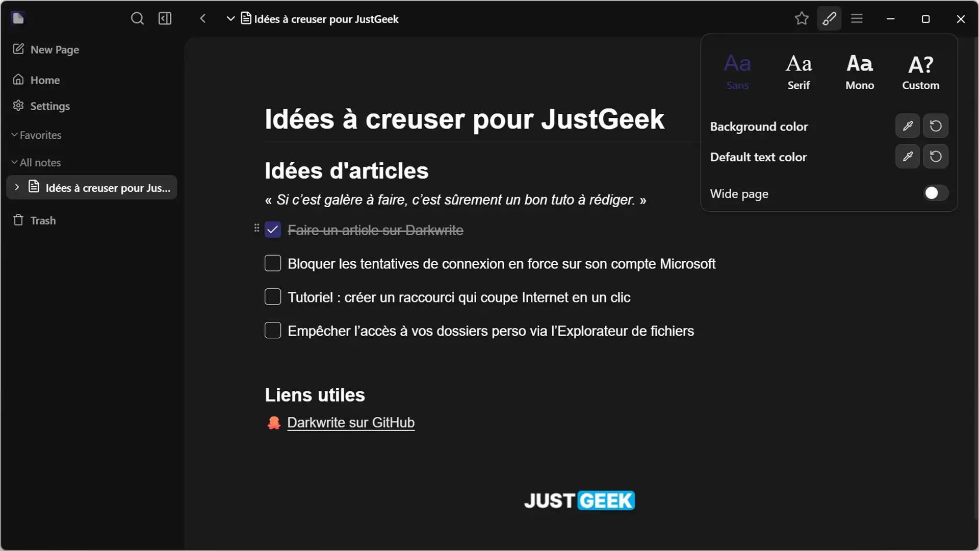 Paramètres de personnalisation de l’apparence dans Darkwrite (thème, police, couleurs)