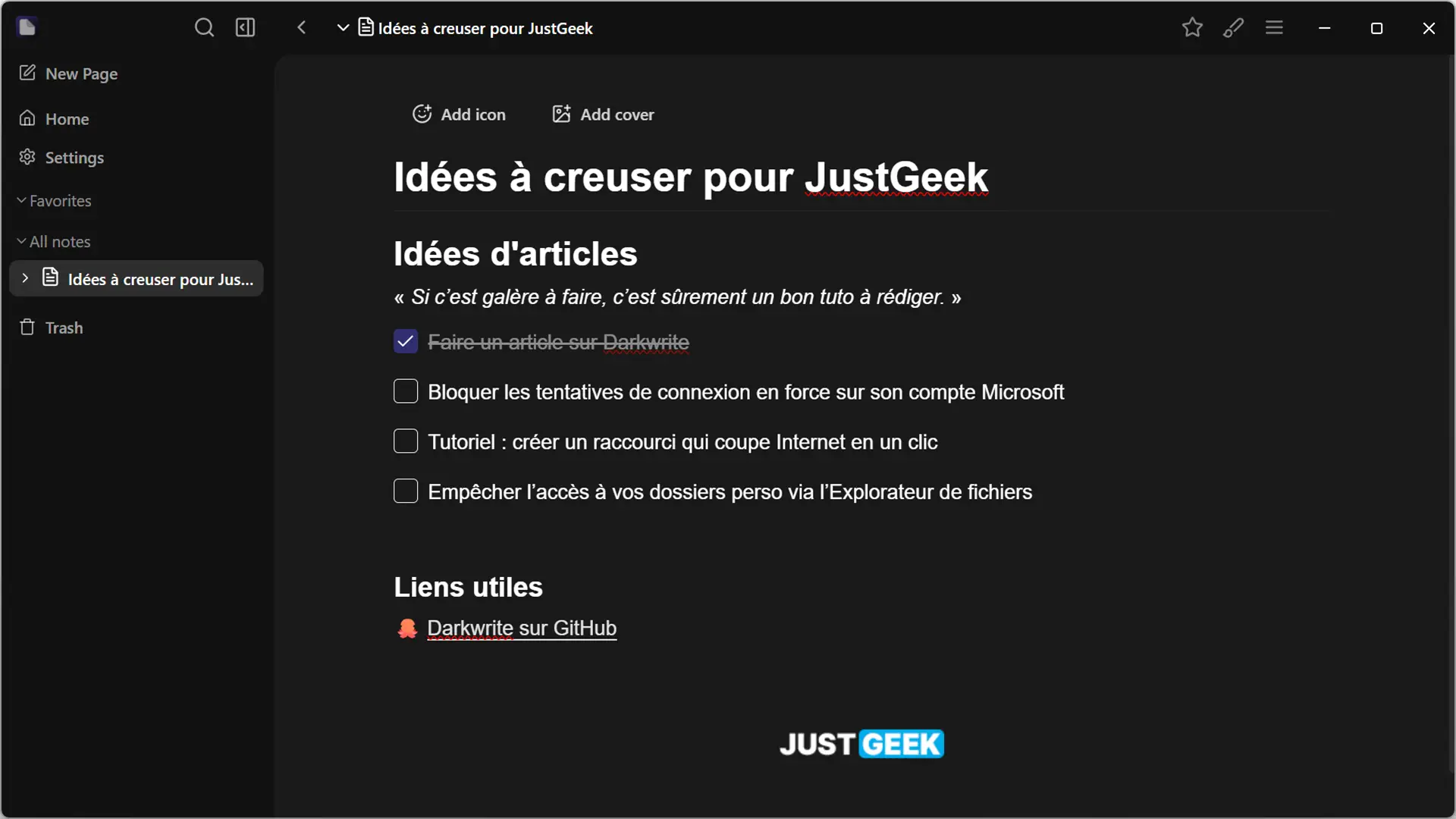 Interface principale de Darkwrite avec une note de type to-do list pour JustGeek