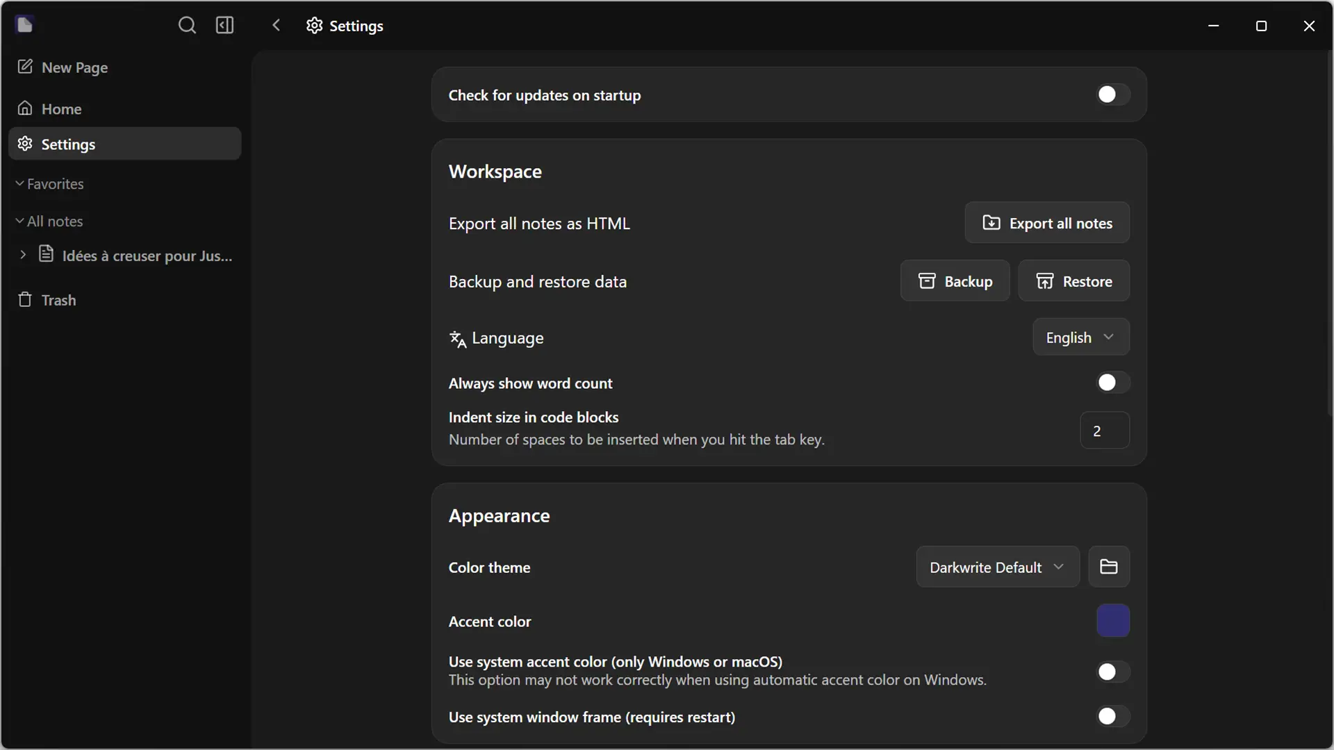 Menu des paramètres généraux de Darkwrite avec options de sauvegarde et d’apparence