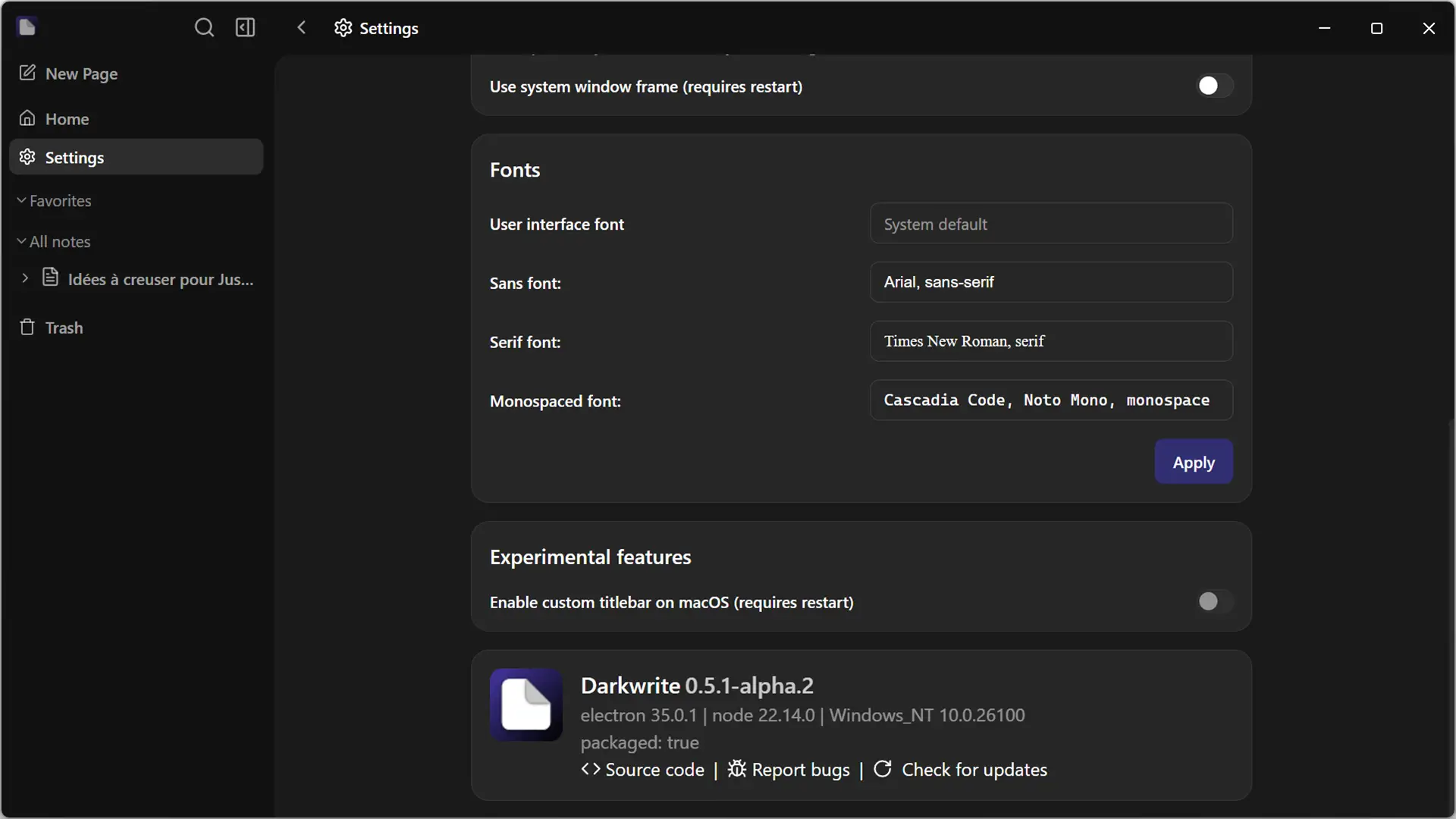 Détail des polices configurables et version actuelle du logiciel Darkwrite